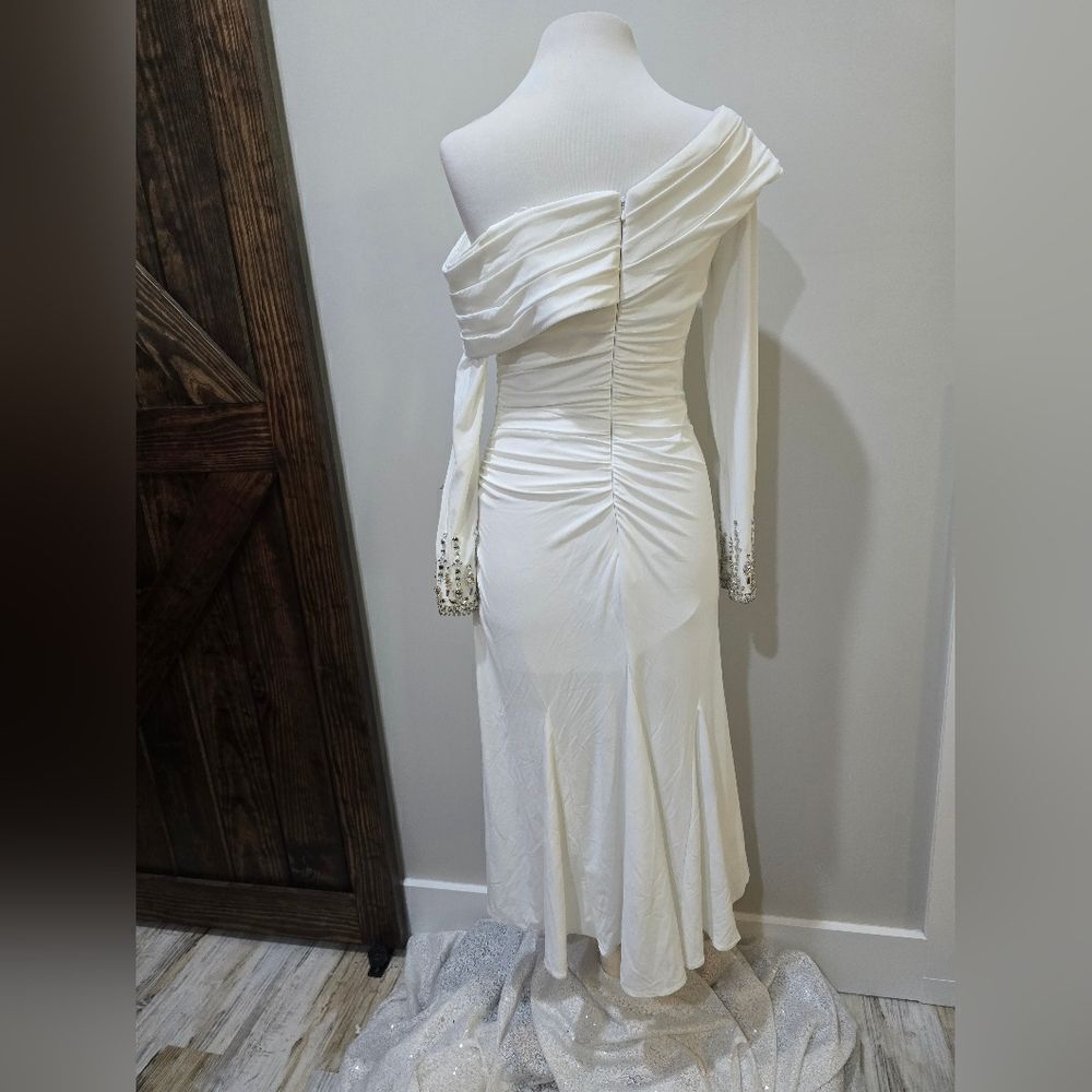 Mac Duggal 26485 Foldover Long Sleeve Jeweled Midi Dress NWT size 4 White - Picture 5 of 7